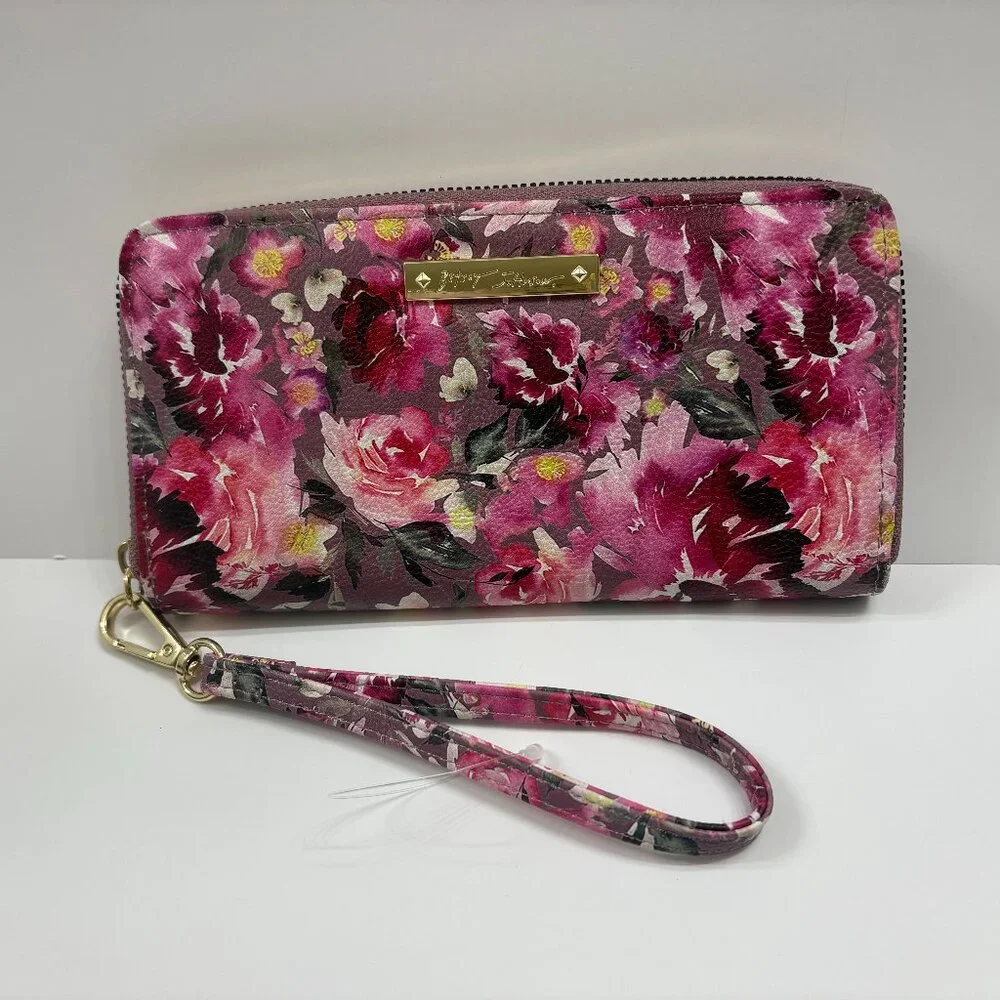 BETSEY JOHNSON Pink/ Black Floral Watercolor Wristlet/ Clutch/ Wallet - NWOT